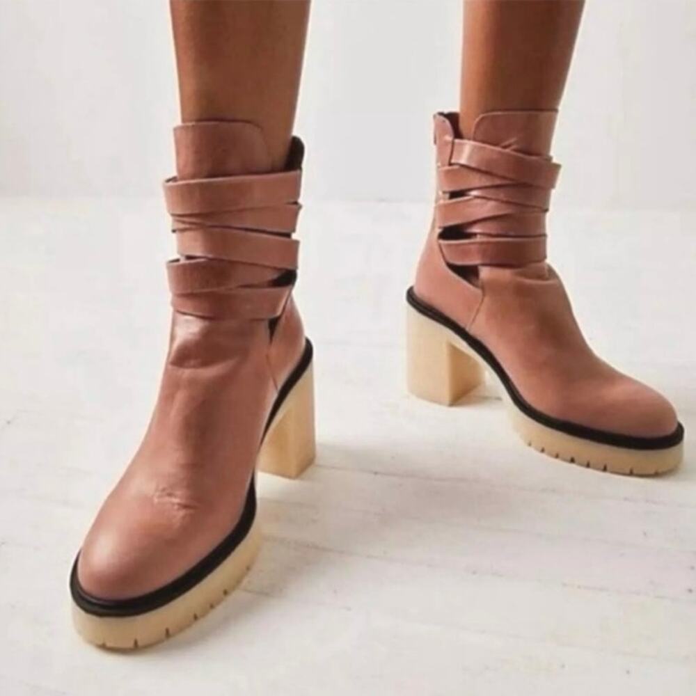 Free People Blush Tan Wrap-Ankle Block Heel Booties